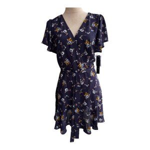 Trixxi Navy Floral Flutter Sleeve Belted Dress L V-Neck Fit & Flare NWT (2566-1)